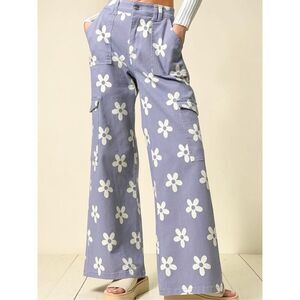 BiBi Dusty Lavender Floral Wide Leg Cargo Pants Daisy Print Boho Festival NWT